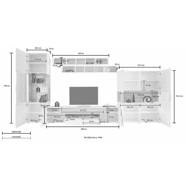 Set living format din 5 piese, fronturi lucioase, culoare alb cu stejar, 391 cm lungime - imagine 9