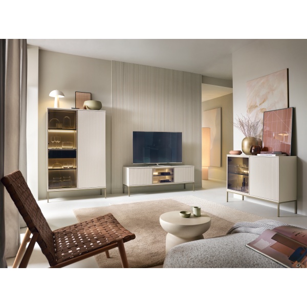 Set Living Premium ~Elysée~ 3 piese, fronturi MDF cashmere, iluminare LED, sistem push-to-open, picioare auriu satinat - imagine 1