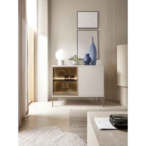 Comodă Premium ~Elysée~ fronturi MDF, sticlă fumurie, iluminare LED, sistem push-to-open, finisaj cashmere mat, picioare auriu satinat - imagine 1