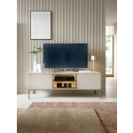 Comodă TV Premium ~Elysée~ fronturi MDF, iluminare LED, sistem push-to-open, finisaj cashmere mat, picioare auriu satinat