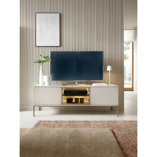 Comodă TV Premium ~Elysée~ fronturi MDF, iluminare LED, sistem push-to-open, finisaj cashmere mat, picioare auriu satinat - imagine 1