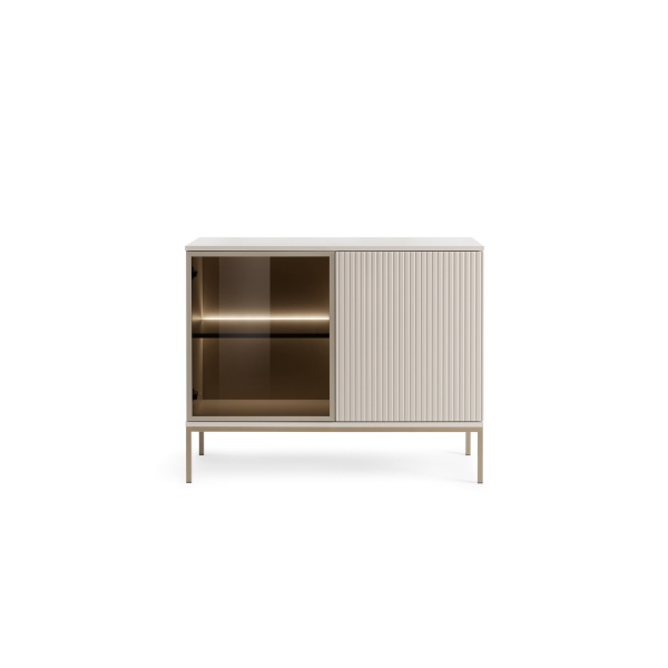 Comodă Premium ~Elysée~ fronturi MDF, sticlă fumurie, iluminare LED, sistem push-to-open, finisaj cashmere mat, picioare auriu satinat - imagine 2