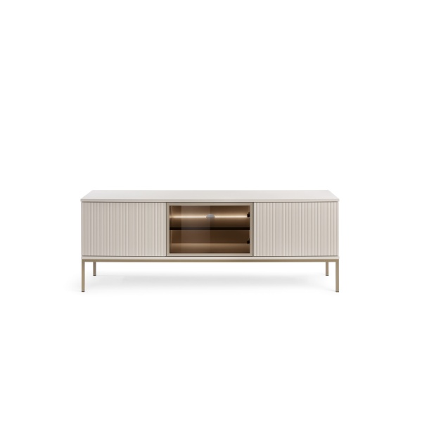 Comodă TV Premium ~Elysée~ fronturi MDF, iluminare LED, sistem push-to-open, finisaj cashmere mat, picioare auriu satinat - imagine 2