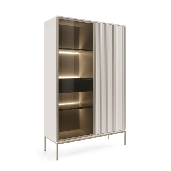 Vitrină Înaltă Premium ~Elysée~ fronturi MDF, sticlă fumurie, iluminare LED, sistem push-to-open, finisaj cashmere mat, picioare auriu satinat - imagine 4