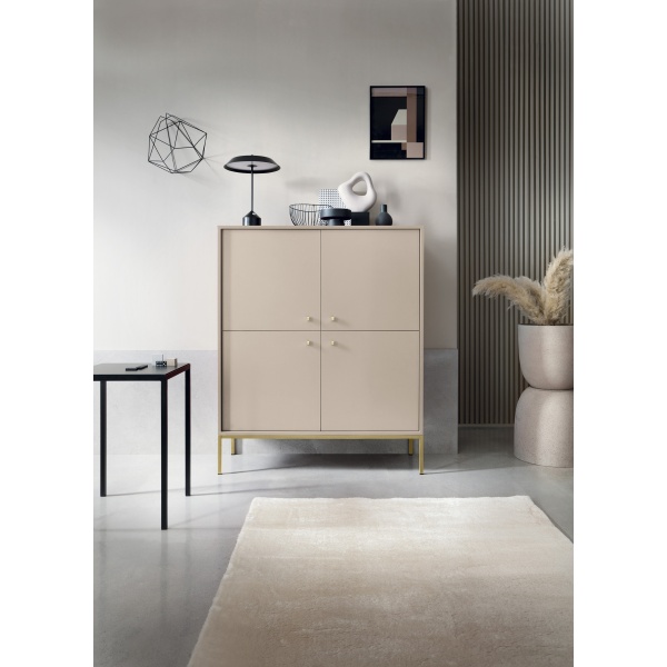 Comodă înaltă Premium ~Palazzo~ 4 uși, finisaj cashmere mat, picioare metalice auriu satinat - imagine 1