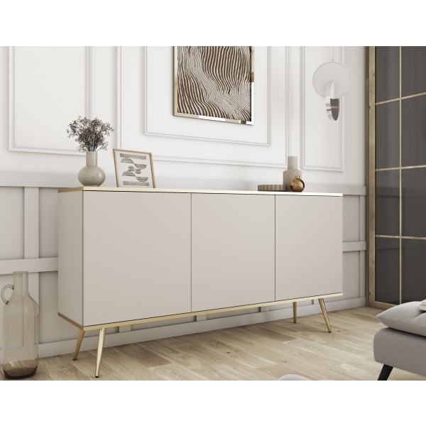 Comodă Premium ~Velour~ 3 uși, finisaj cashmere mat, detalii aurii, picioare metalice aurii - imagine 1