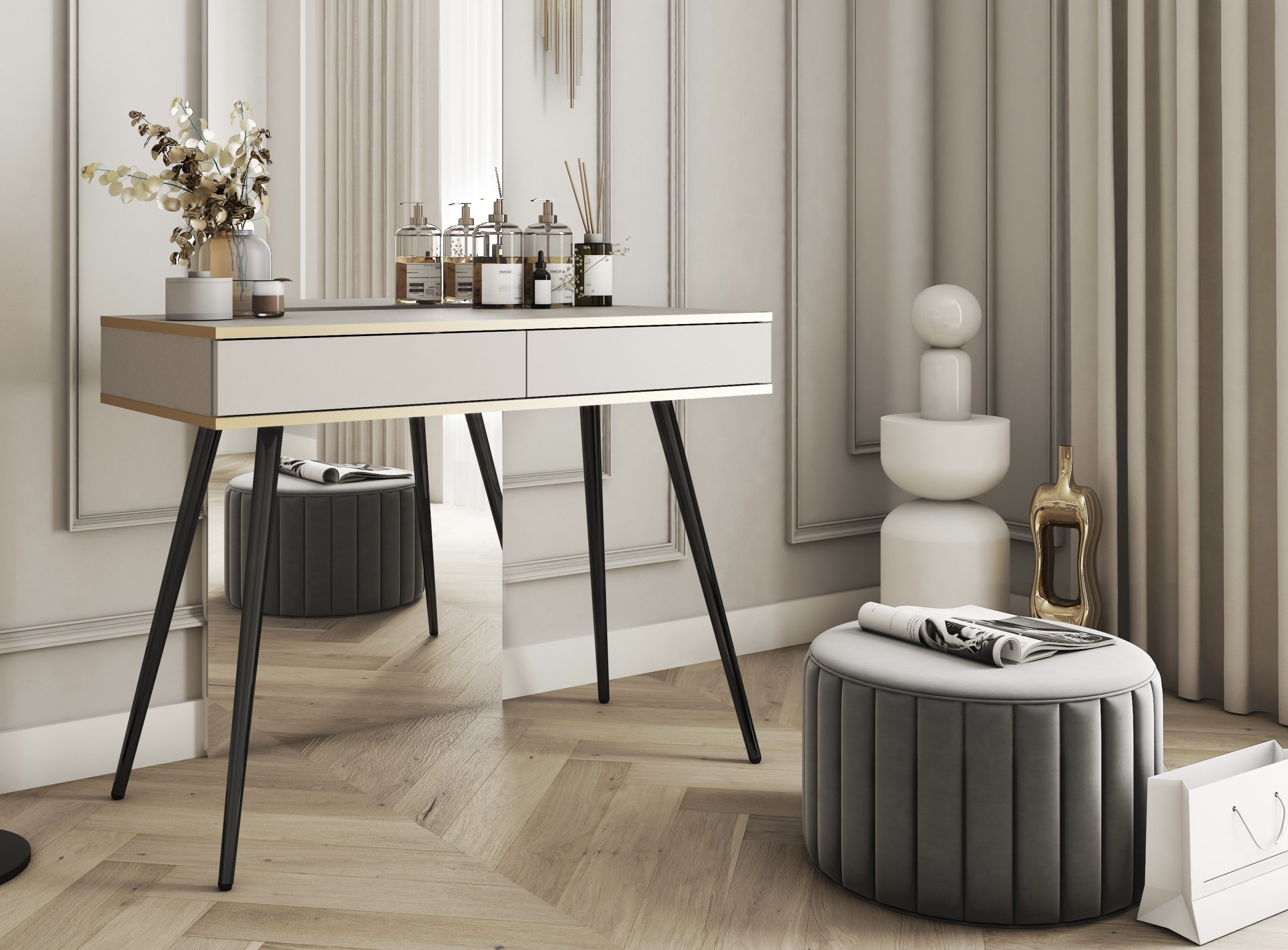 IMG_1360 Consolă Premium ~Velour~ 2 sertare, finisaj cashmere mat, detalii aurii, picioare metalice negre - imagine 1