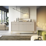 Comodă Premium ~Lusso~ 3 uși, 3 sertare, fronturi MDF canelate, finisaj crem mat, detalii și picioare metalice aurii