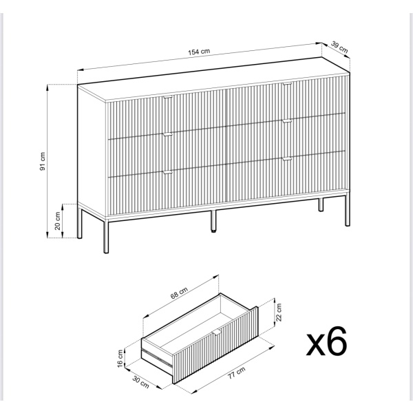 Comodă Premium Înaltă ~Lusso~ 6 sertare, fronturi MDF canelate, finisaj crem mat, detalii și picioare metalice aurii - imagine 3