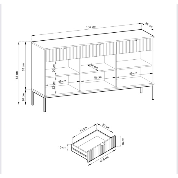 Comodă Premium ~Lusso~ 3 uși, 3 sertare, fronturi MDF canelate, finisaj crem mat, detalii și picioare metalice aurii - imagine 3