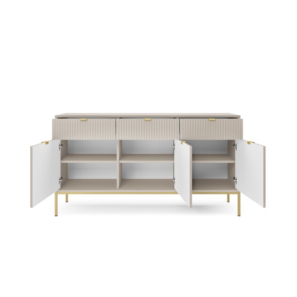 Comodă Premium ~Lusso~ 3 uși, 3 sertare, fronturi MDF canelate, finisaj crem mat, detalii și picioare metalice aurii - imagine 2