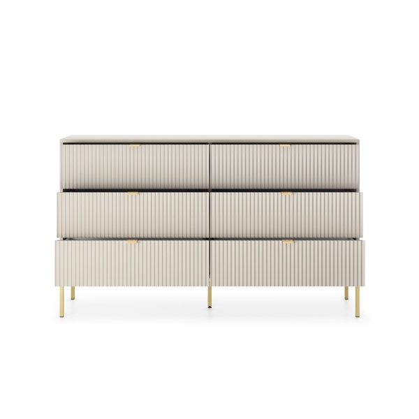 Comodă Premium Înaltă ~Lusso~ 6 sertare, fronturi MDF canelate, finisaj crem mat, detalii și picioare metalice aurii - imagine 2