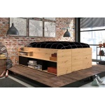 Pat boxspring 140x200 cm, cu lada de depozitare, sertare, rafturi, culoare stejar-negru