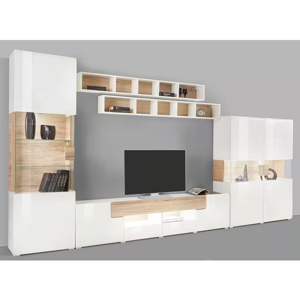 Set living format din 5 piese, fronturi lucioase, culoare alb cu stejar, 391 cm lungime - imagine 2