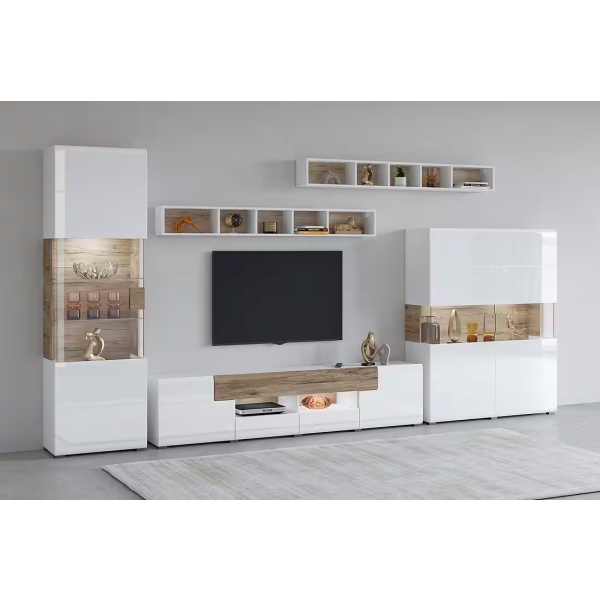 Set living format din 5 piese, fronturi lucioase, culoare alb cu stejar, 391 cm lungime - imagine 1