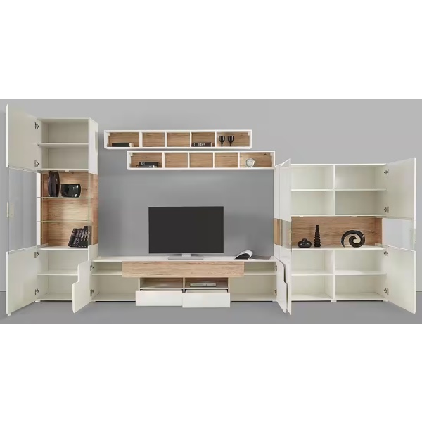 Set living format din 5 piese, fronturi lucioase, culoare alb cu stejar, 391 cm lungime - imagine 6