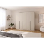 Dulap 226 cm lățime, 5 uși batante, compartimentare premium cu 8 rafturi, culoare champagne, material MDF și PAL, 229 cm înălțime, design modern pentru dormitor