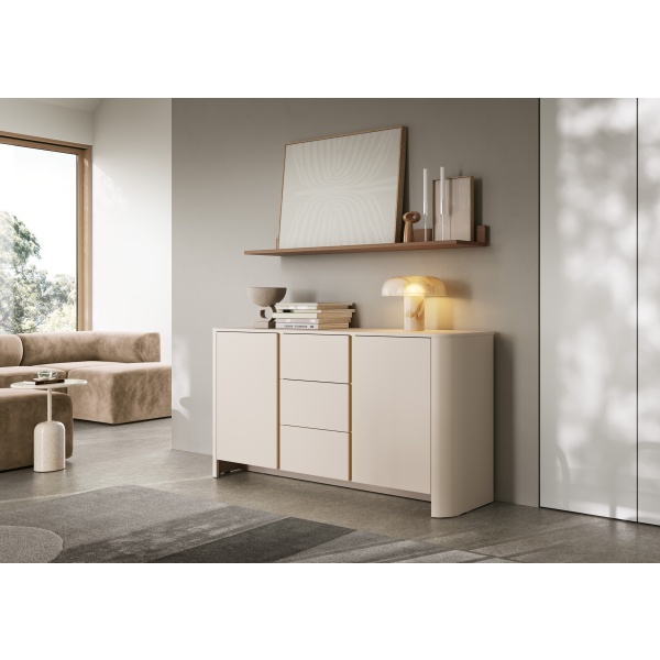 Comodă modernă ~OSHO~ 2 uși și 3 sertare, culoare cashmere mat cu accente aurii, fronturi MDF, 168 cm lungime - imagine 1