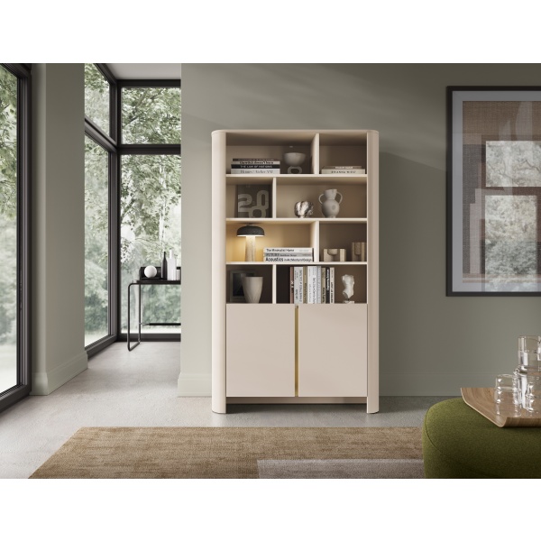 Bibliotecă modernă ~OSHO~ 2 uși, 8 rafturi deschise, culoare cashmere mat cu accente aurii, fronturi MDF, 103 cm lungime - imagine 1