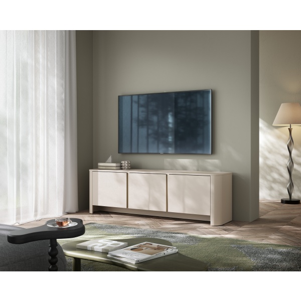 Comodă TV modernă ~OSHO~ 3 uși, culoare cashmere mat cu accente aurii, fronturi MDF, 168 cm lungime - imagine 1