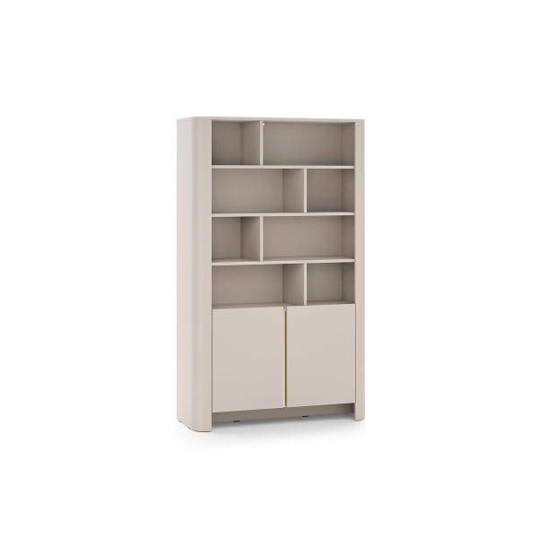 Bibliotecă modernă ~OSHO~ 2 uși, 8 rafturi deschise, culoare cashmere mat cu accente aurii, fronturi MDF, 103 cm lungime - imagine 3