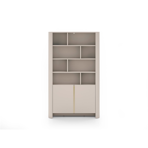 Bibliotecă modernă ~OSHO~ 2 uși, 8 rafturi deschise, culoare cashmere mat cu accente aurii, fronturi MDF, 103 cm lungime - imagine 2