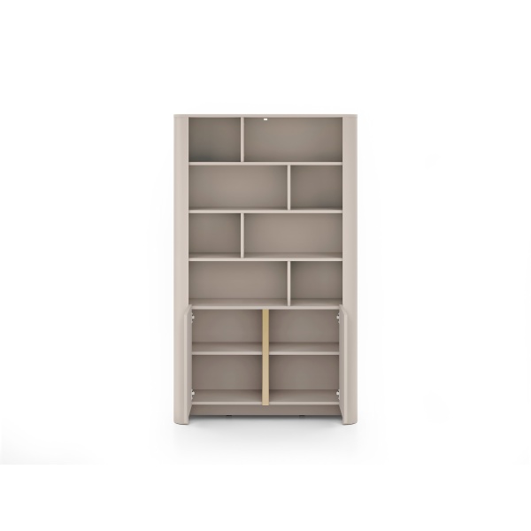 Bibliotecă modernă ~OSHO~ 2 uși, 8 rafturi deschise, culoare cashmere mat cu accente aurii, fronturi MDF, 103 cm lungime - imagine 4