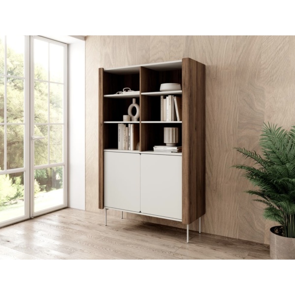 Bibliotecă modernă ~NORDIC~ , 2 uși, culoare cashmere combinat cu nuc, fronturi MDF, 105 cm lungime - imagine 1