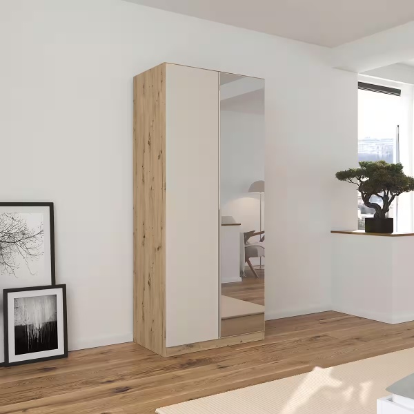 Dulap 91 cm lungime, 2 uși batante, oglindă, culoare crem, compartimentare, 210 cm înălțime - imagine 1