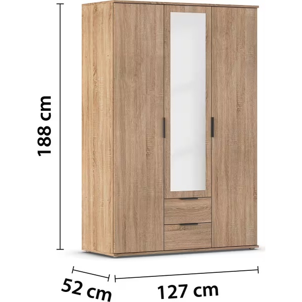 Dulap 127 cm lungime, 3 uși batante, 2 sertare, culoare și îmi, oglindă pe mijloc, 188 cm înălțime - imagine 6