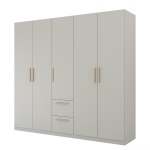 Dulap 226 cm lungime, 5 uși batante, 2 sertare, culoare gri mătase, mânere MDF stejar, 210 cm înălțime - imagine 2