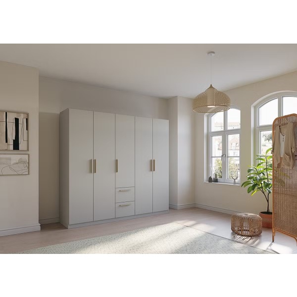 Dulap 226 cm lungime, 5 uși batante, 2 sertare, culoare gri mătase, mânere MDF stejar, 210 cm înălțime - imagine 1