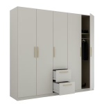 Dulap 226 cm lungime, 5 uși batante, 2 sertare, culoare gri mătase, mânere MDF stejar, 210 cm înălțime - imagine 3
