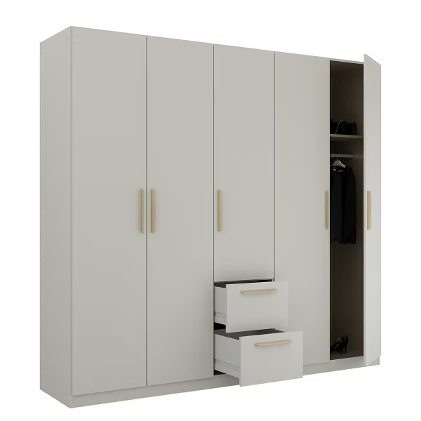 Dulap 226 cm lungime, 5 uși batante, 2 sertare, culoare gri mătase, mânere MDF stejar, 210 cm înălțime - imagine 3