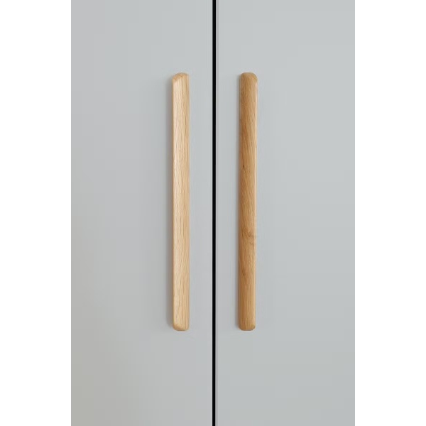 Dulap 226 cm lungime, 5 uși batante, 2 sertare, culoare gri mătase, mânere MDF stejar, 210 cm înălțime - imagine 4