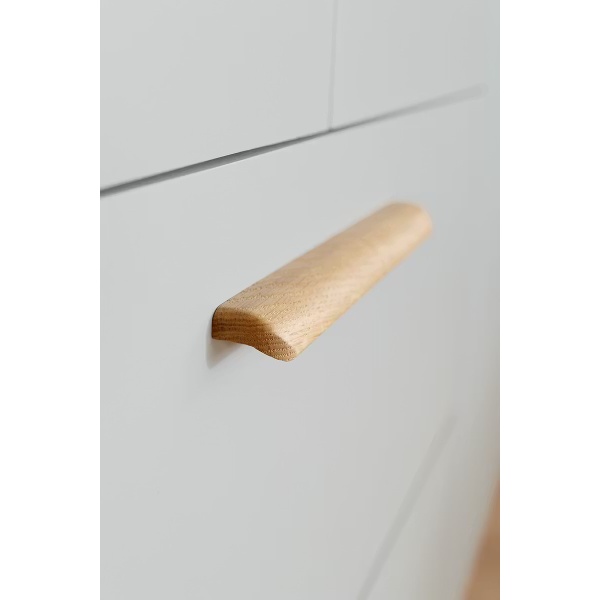 Dulap 226 cm lungime, 5 uși batante, 2 sertare, culoare gri mătase, mânere MDF stejar, 210 cm înălțime - imagine 6