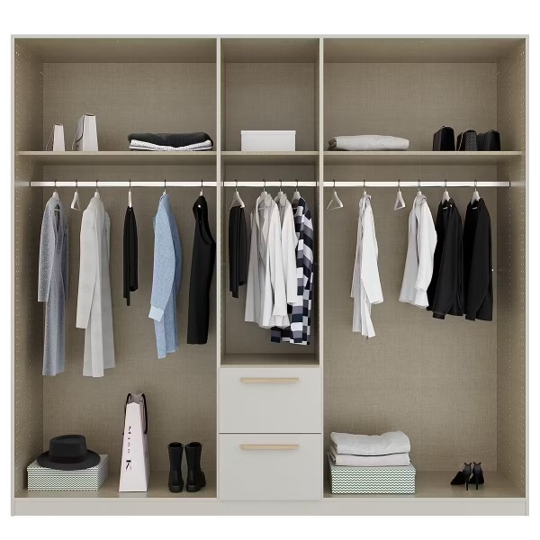 Dulap 226 cm lungime, 5 uși batante, 2 sertare, culoare gri mătase, mânere MDF stejar, 210 cm înălțime - imagine 7