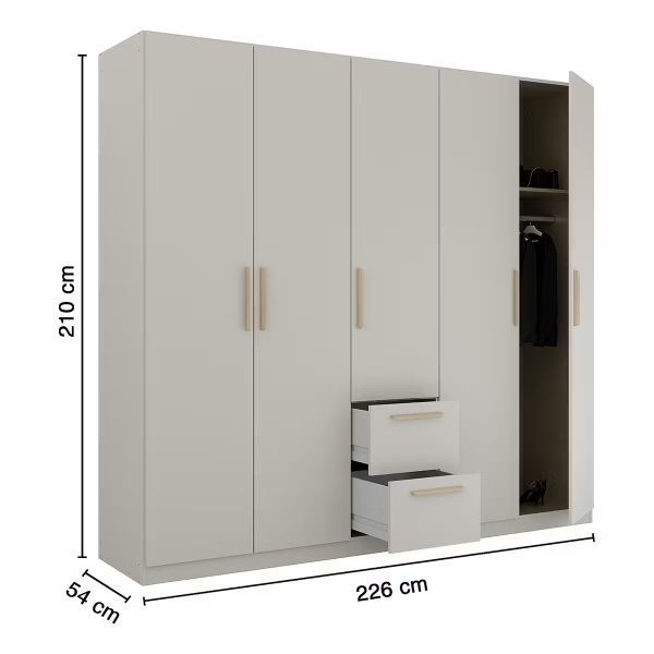 Dulap 226 cm lungime, 5 uși batante, 2 sertare, culoare gri mătase, mânere MDF stejar, 210 cm înălțime - imagine 8