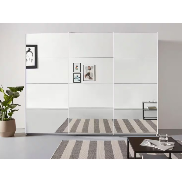 Dressing 271 cm lungime, 3 uși glisante, full oglindă, culoare albă, compartimentare premium, 229 cm înălțime - imagine 1