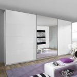 Dressing 360 cm lungime, 3 uși glisante, oglindă pe mijloc, fronturi alb lucios, compartimentare premium, 236 cm înălțime