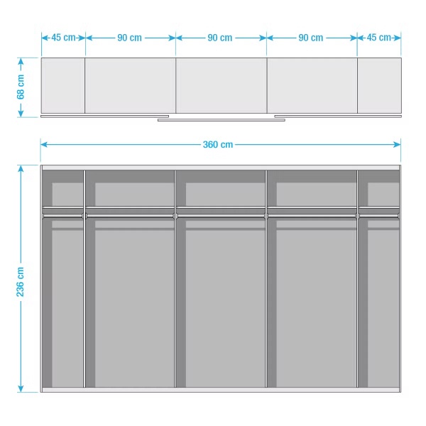 Dressing 360 cm lungime, 3 uși glisante, oglindă pe mijloc, fronturi alb lucios, compartimentare premium, 236 cm înălțime - imagine 8
