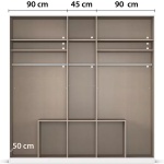 Dulap 226 cm lățime, 5 uși batante cu oglindă și 6 sertare, culoare gri mătase, mânere negre mat, 229 cm înălțime, 5 rafturi și 3 bare haine, compartimentare practică pentru dormitor - imagine 3