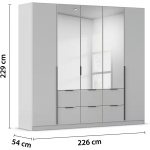 Dulap 226 cm lățime, 5 uși batante cu oglindă și 6 sertare, culoare gri mătase, mânere negre mat, 229 cm înălțime, 5 rafturi și 3 bare haine, compartimentare practică pentru dormitor - imagine 2