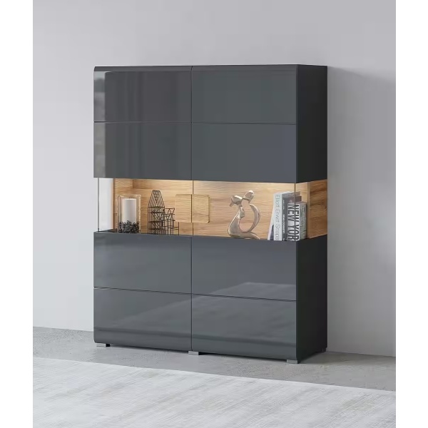 Comodă, 2 uși batante, culoare gri antracit-stejar, 122 cm lungime - imagine 1