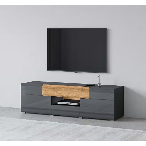 Comodă TV, 2 uși batante, 2 sertare, culoare gri antracit cu stejar, 159 cm lungime - imagine 1