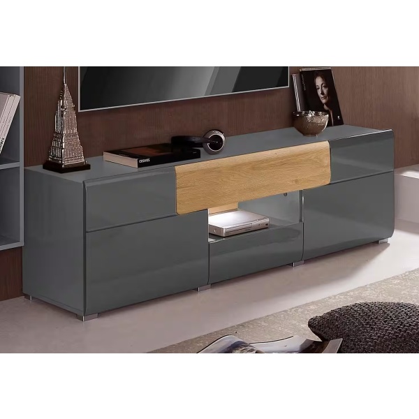 Comodă TV, 2 uși batante, 2 sertare, culoare gri antracit cu stejar, 159 cm lungime - imagine 3
