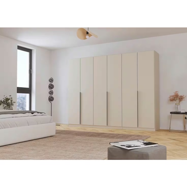 Dulap 271 cm lungime, 6 uși batante, culoare cașmir, compartimentare premium, mânere negru mat, 229 cm înălțime - imagine 1
