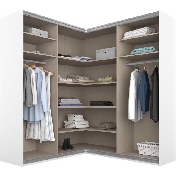 Dressing 181/181 cm, 4 uși glisante, fronturi sticlă, oglindă pe mijloc, culoare alb, compartimentare premium, 210 cm înălțime - imagine 3