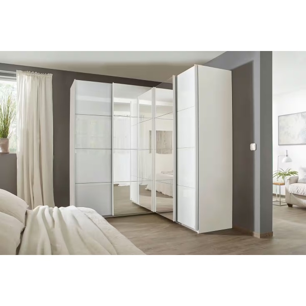 Dressing 181/181 cm, 4 uși glisante, fronturi sticlă, oglindă pe mijloc, culoare alb, compartimentare premium, 210 cm înălțime - imagine 1