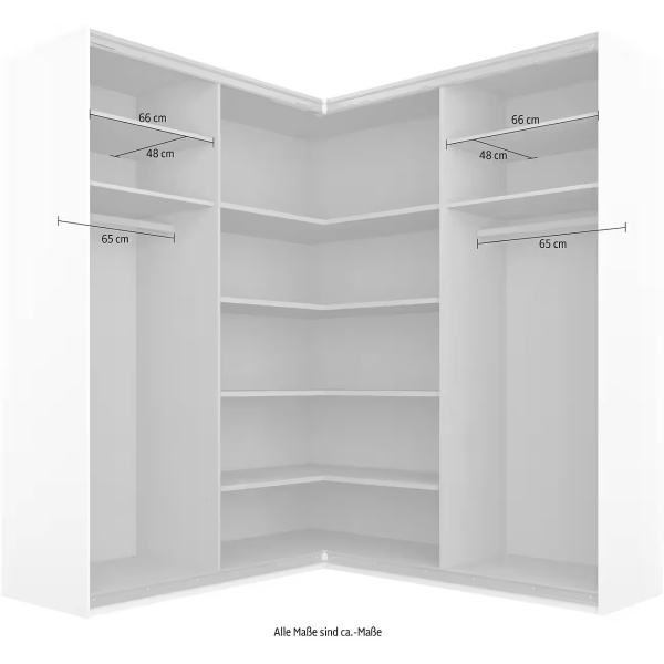 Dressing 181/181 cm, 4 uși glisante, fronturi sticlă, oglindă pe mijloc, culoare alb, compartimentare premium, 210 cm înălțime - imagine 7